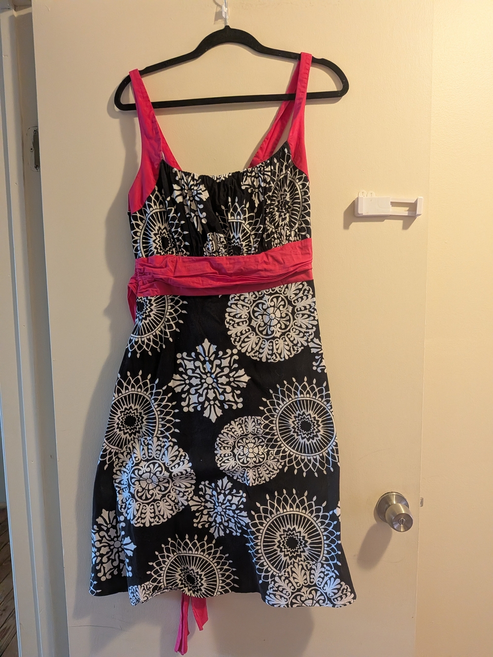 Fashion Bug Black and White Printed Dress with Pink Straps